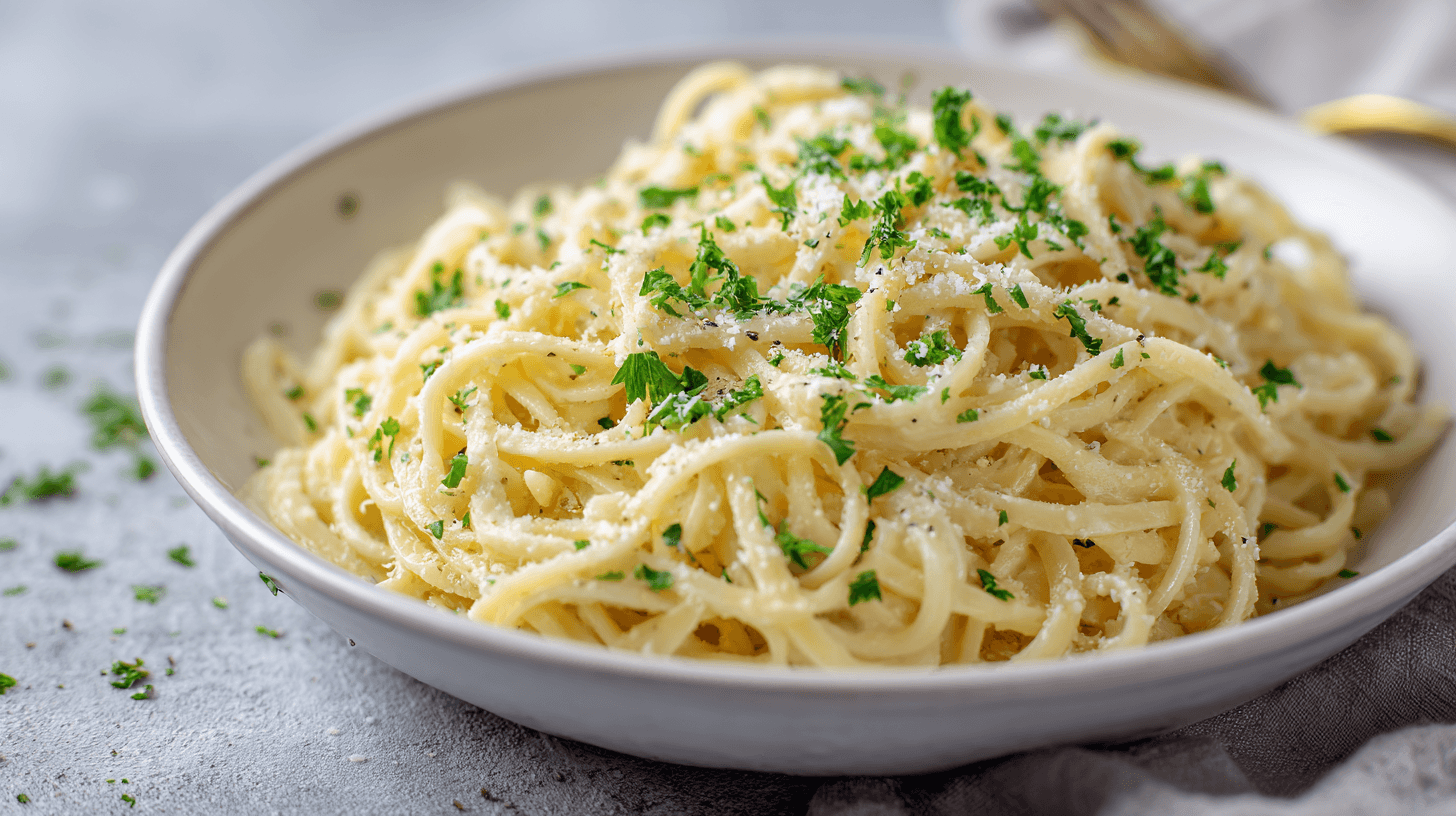 Creamy Garlic Potato Noodles served in a white bowl