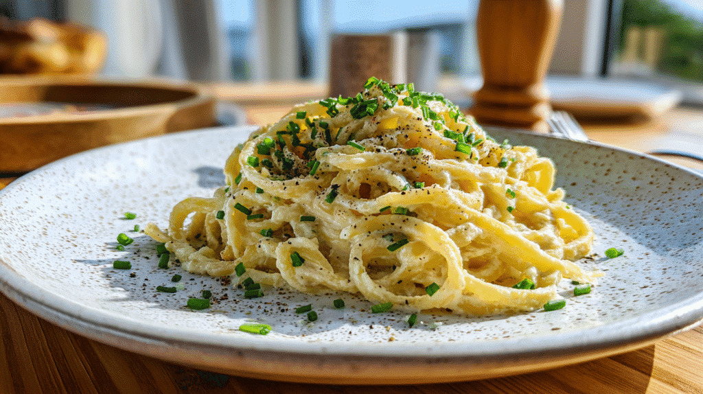 Creamy Garlic Potato Noodles served and garnished with herbs