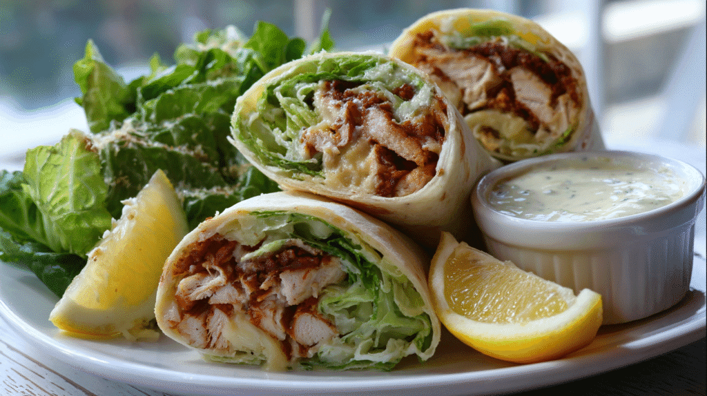 Assembling a Cheesy Chicken Caesar Wrap