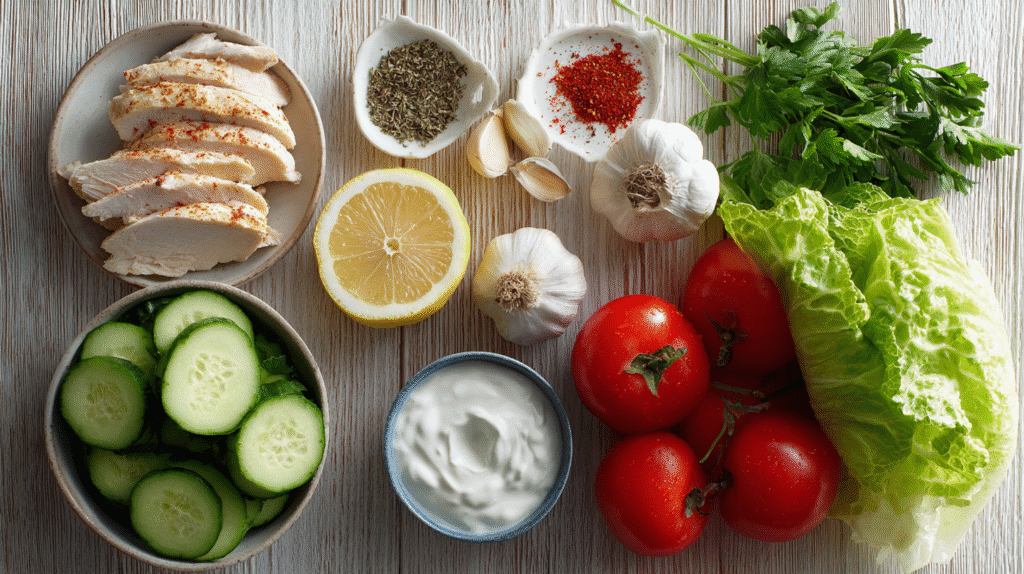 Ingredients for Mediterranean Garlic Chicken Wraps