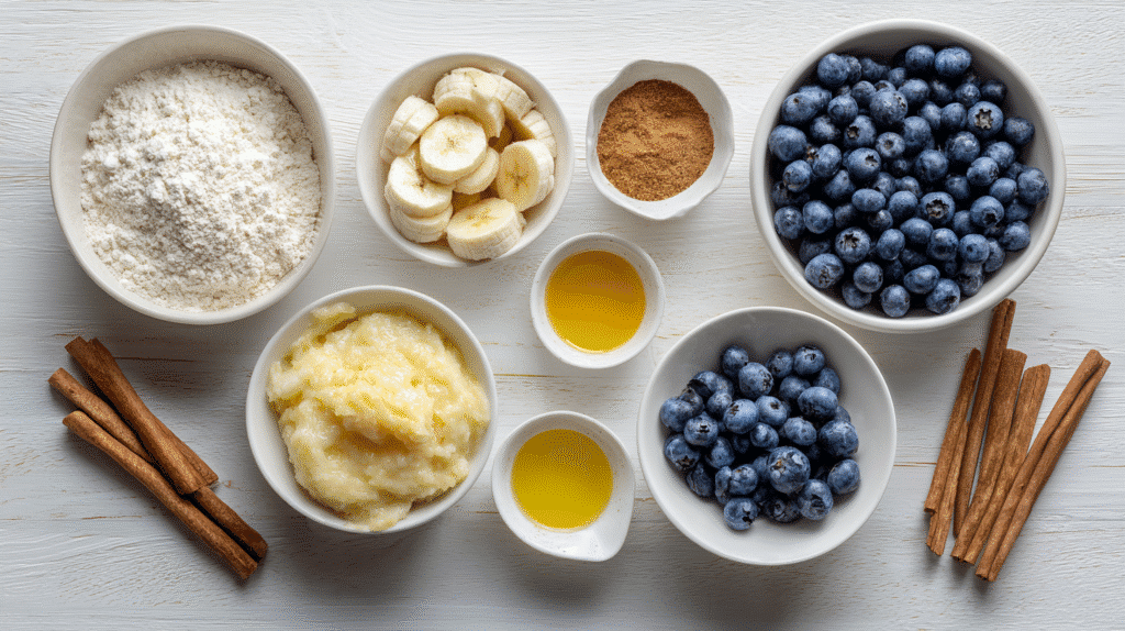 Ingredients for blueberry cinnamon swirl banana bread arranged flat lay