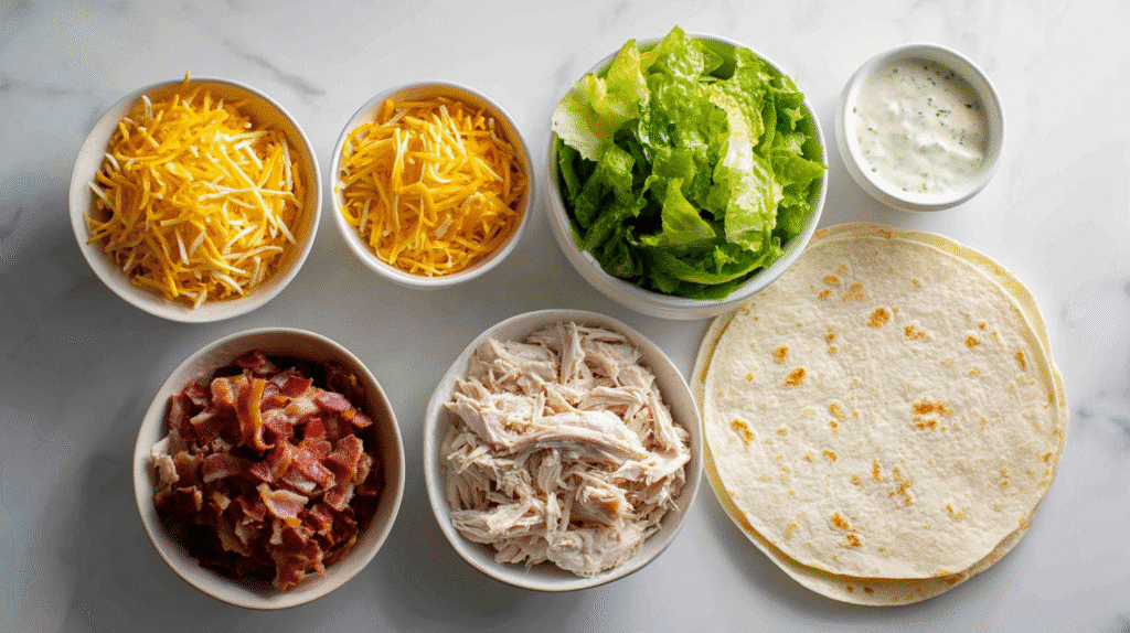 Ingredients for Cheesy Bacon Chicken Ranch Wrap neatly arranged