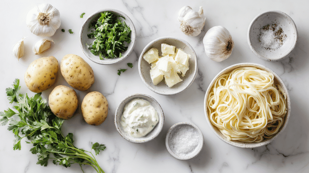 Ingredients for creamy garlic potato noodles laid out on a counter