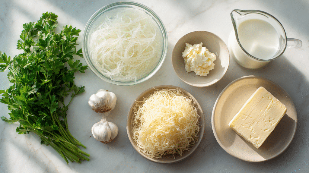 Ingredients for Potato Noodles in Creamy Alfredo Sauce on white counter