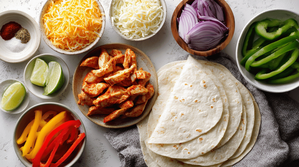 Chicken fajita wrap ingredients laid out on a white surface