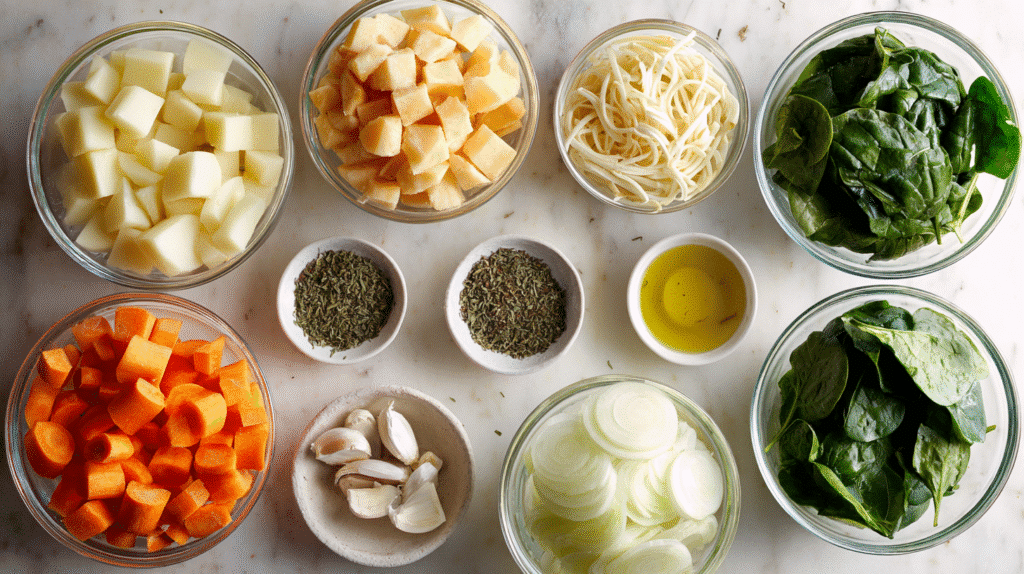 Fresh ingredients for potato noodle soup with vegetables on white background