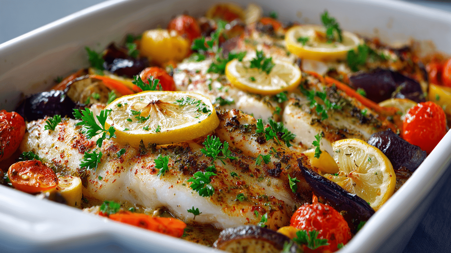 Mediterranean baked fish in ceramic baking dish with roasted vegetables