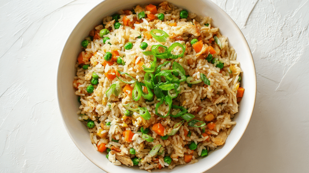 Plated Speedy Chicken Fried Rice served with green onion garnish