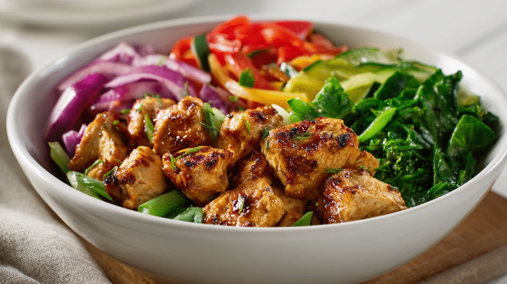 Plated Garlic Chicken Veggie Bowl ready to serve