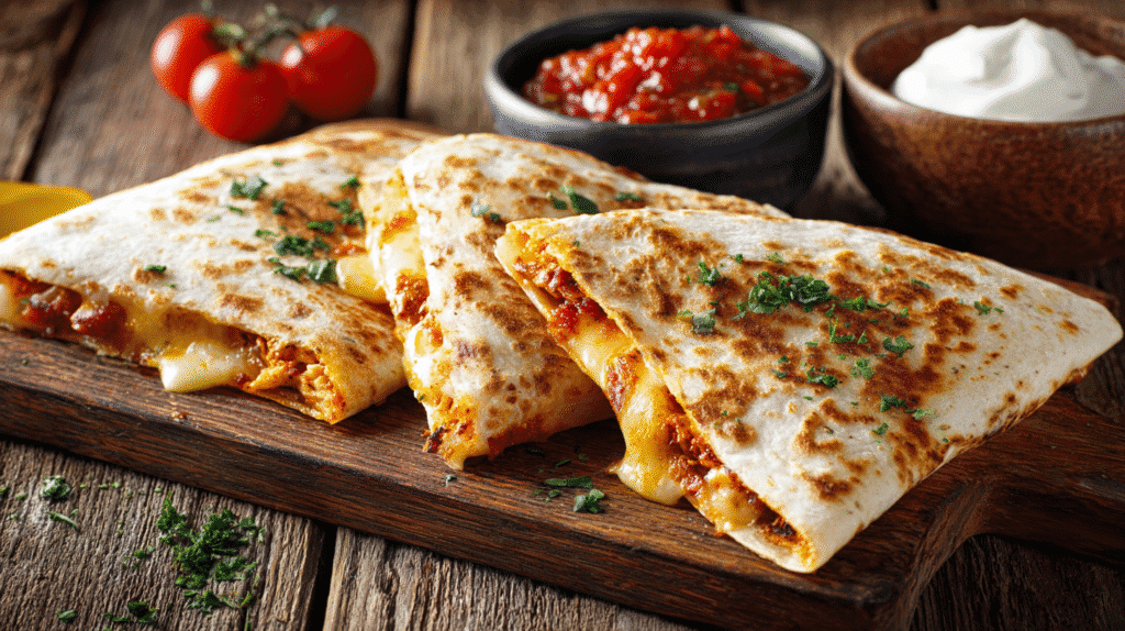 Served spicy cheesy chicken quesadilla wraps with dips on wooden board