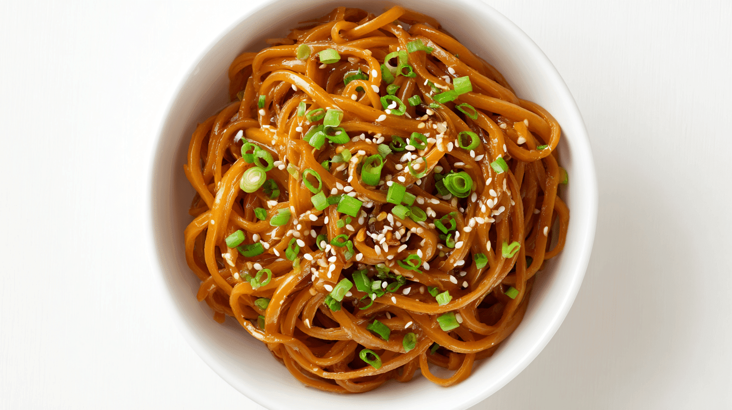 Sweet Potato Noodles with Honey Soy Glaze in white bowl
