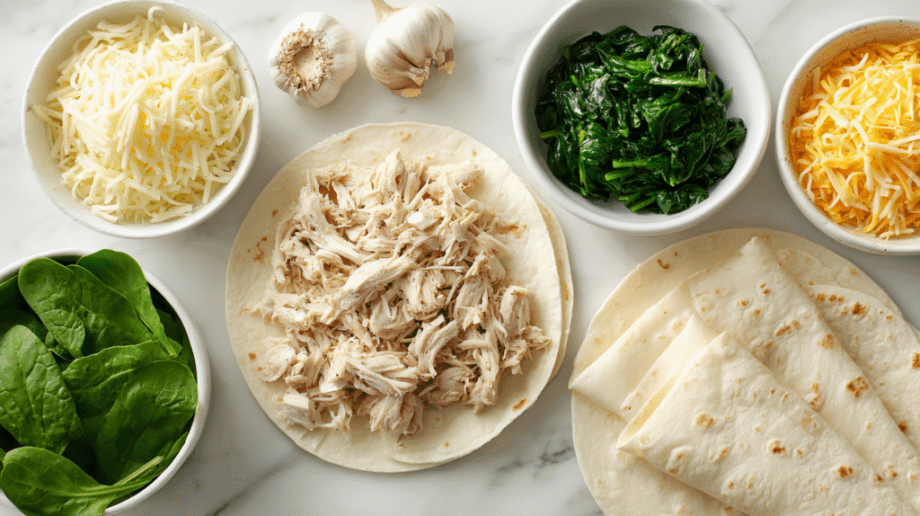 Ingredients for Cheesy Garlic Chicken Wraps with Spinach laid out