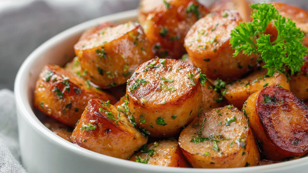 Garlic Butter Smoked Sausage Bites in a white dish with parsley