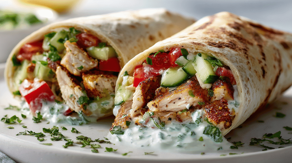 Mediterranean wrap cut in half with fresh fillings