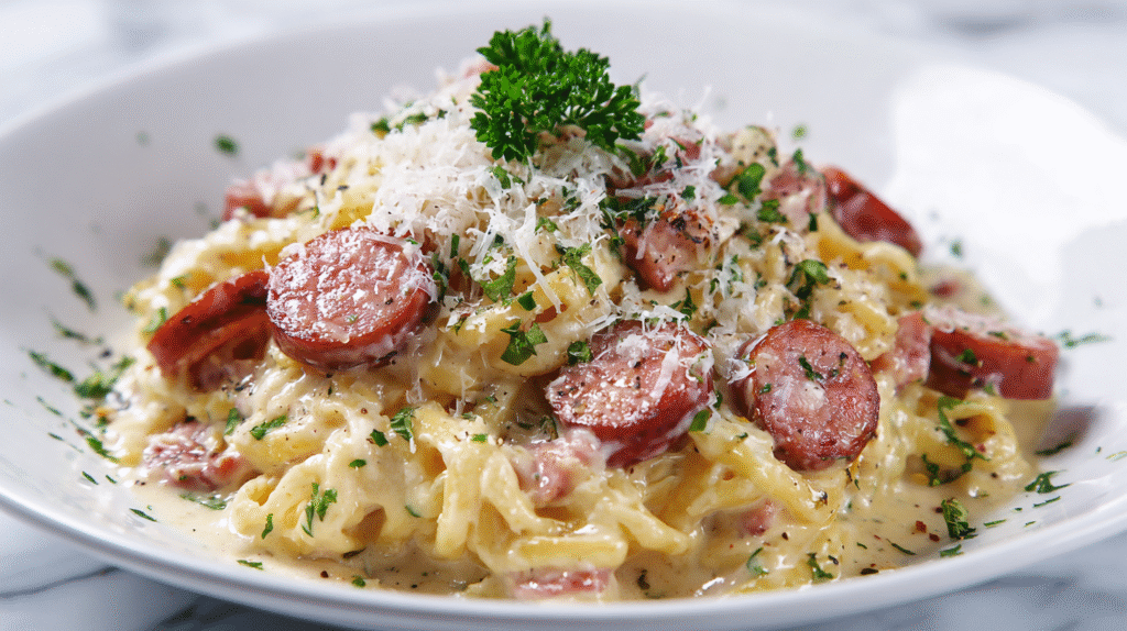 Creamy smoked sausage pasta served with parsley
