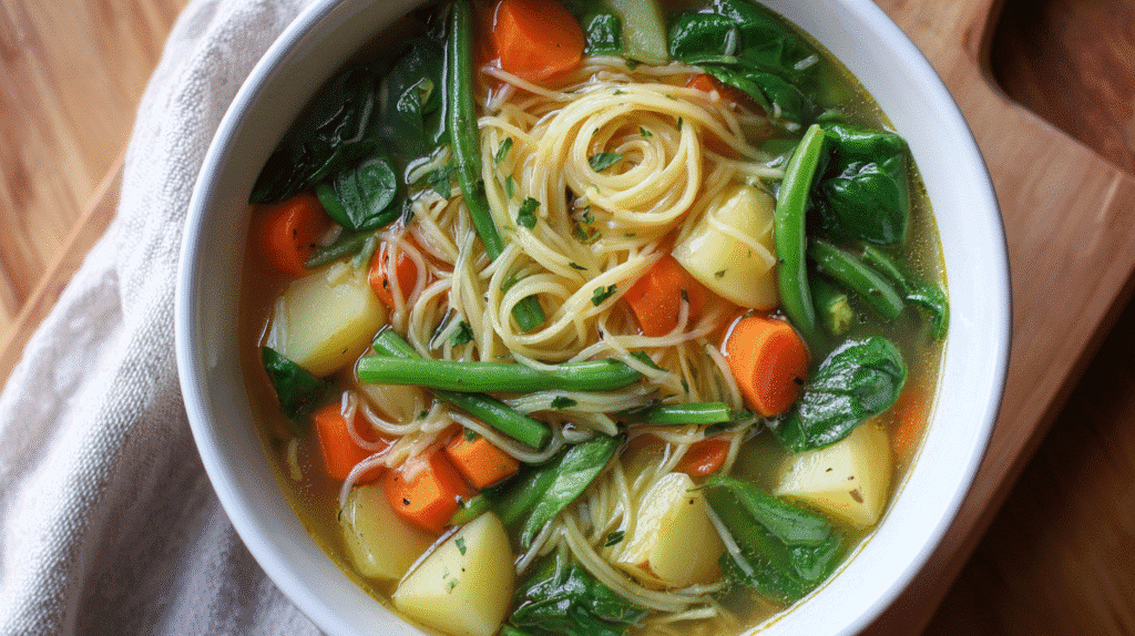 Served bowl of potato noodle soup with vegetables in bright light