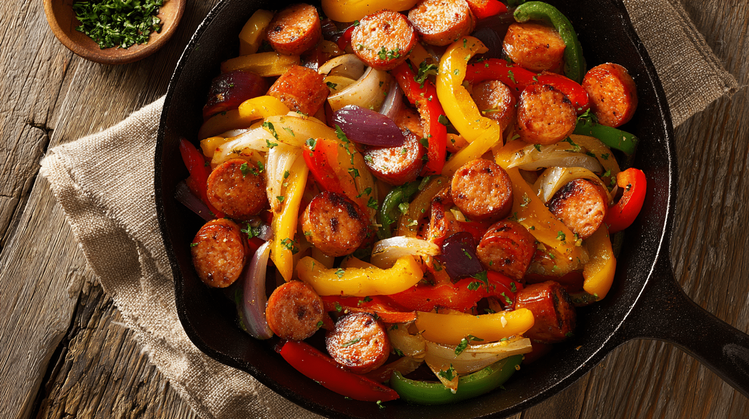 Smoked Sausage and Peppers Skillet in Cast Iron Skillet
