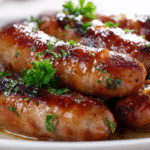 Honey Garlic Smoked Sausage close-up glazed with honey garlic sauce