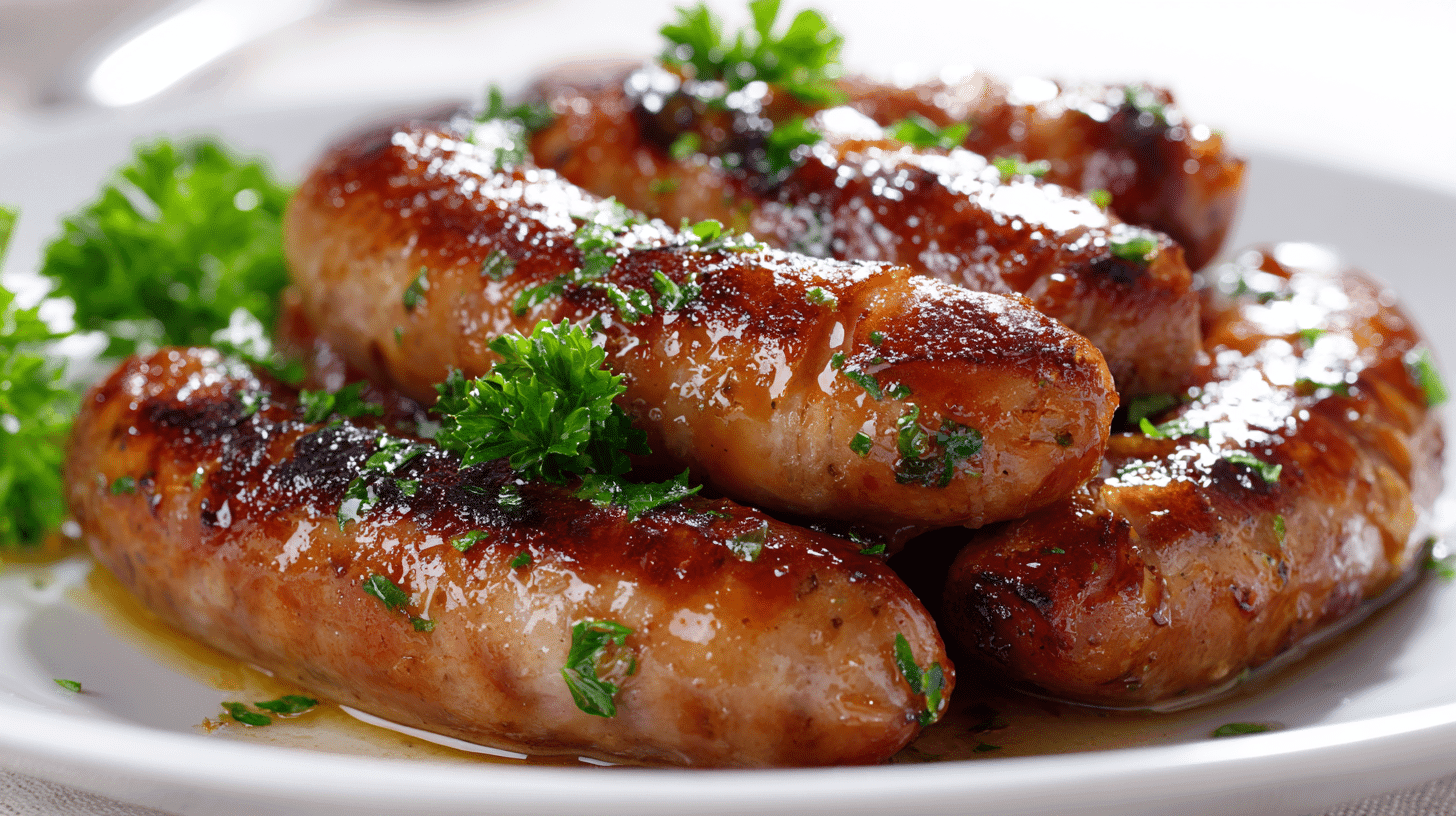 Honey Garlic Smoked Sausage close-up glazed with honey garlic sauce