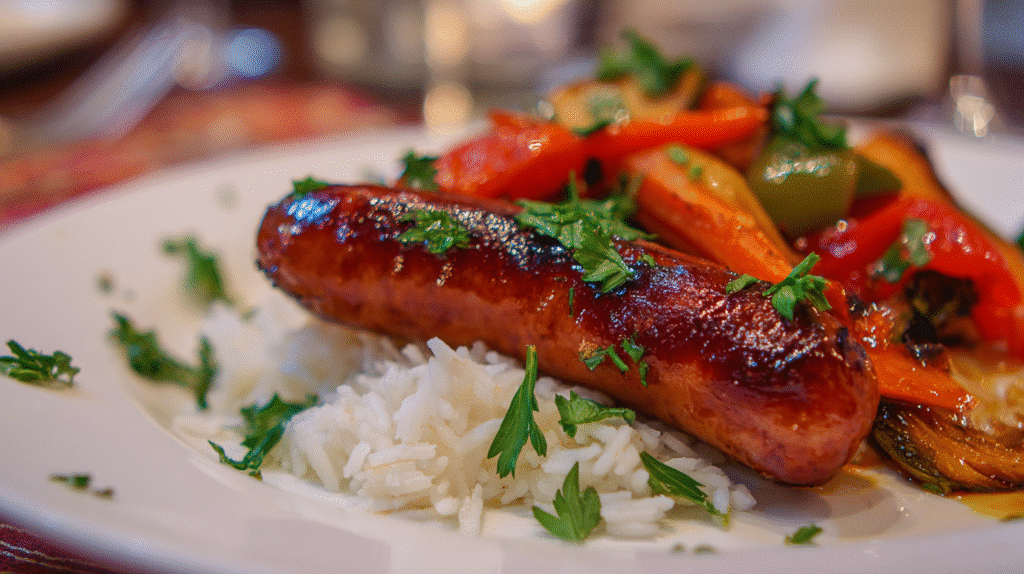 Honey Garlic Smoked Sausage served with rice and vegetables