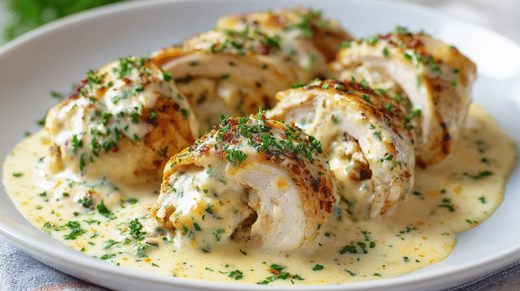 Creamy Garlic Chicken Roll-Ups plated with creamy sauce