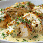 Creamy Garlic Chicken Roll-Ups plated with creamy sauce