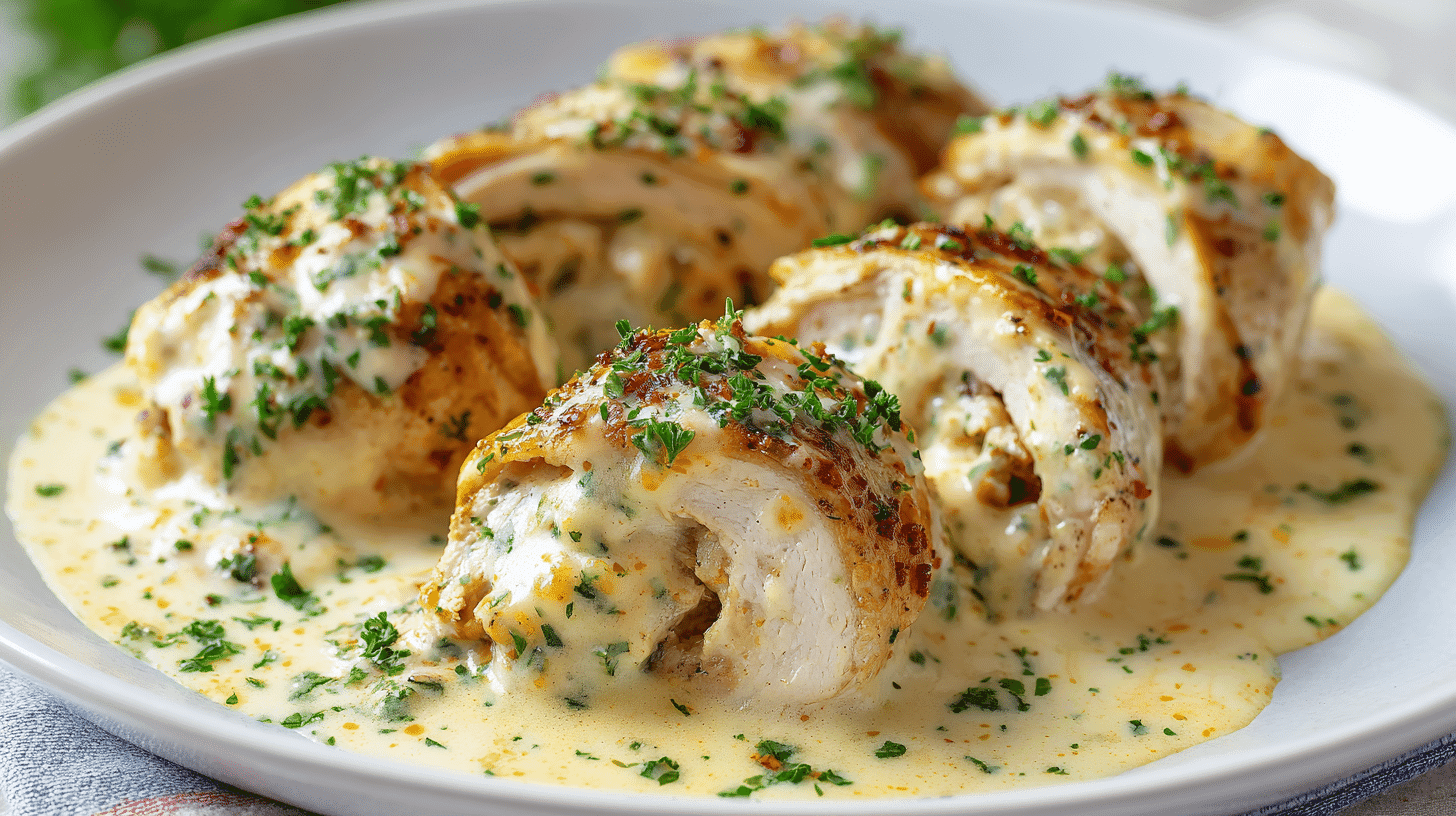 Creamy Garlic Chicken Roll-Ups plated with creamy sauce
