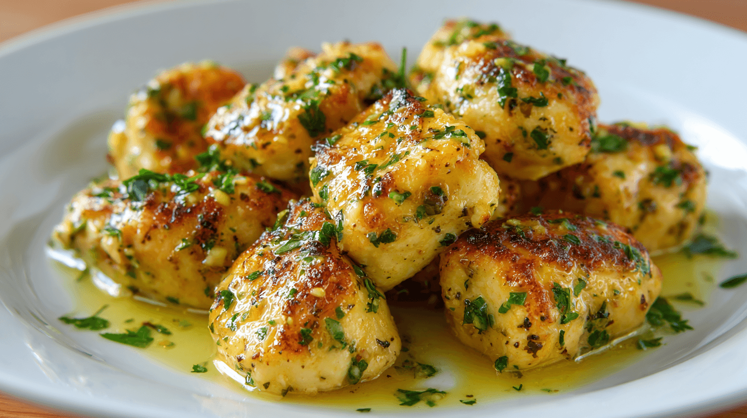 Garlic Butter Chicken Bites on white plate with parsley garnish