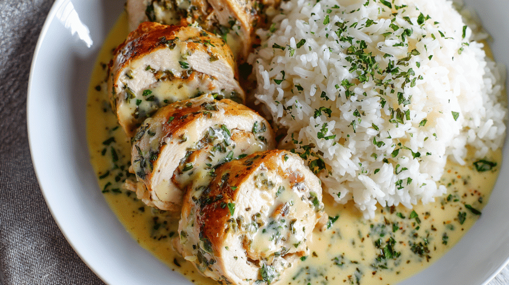 Creamy Garlic Chicken Roll-Ups served with rice