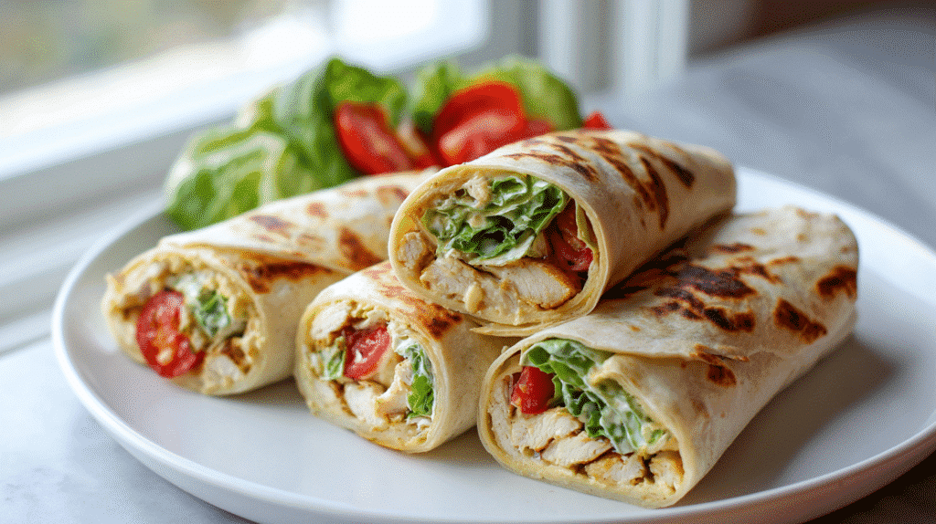 Sliced Garlic Butter Chicken Wraps ready to serve