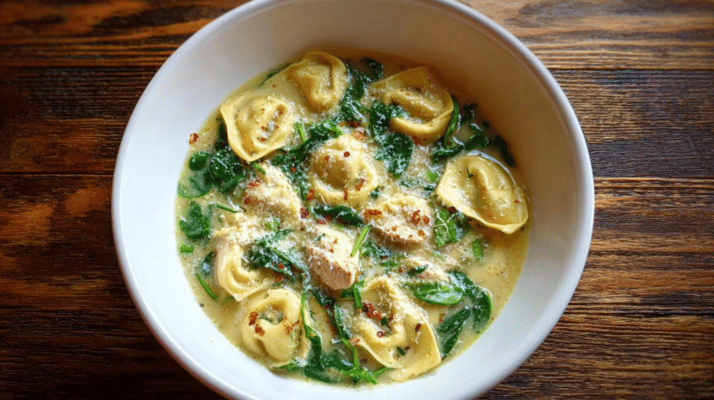Creamy Chicken Tortellini Soup with spinach and grated Parmesan in a white bowl