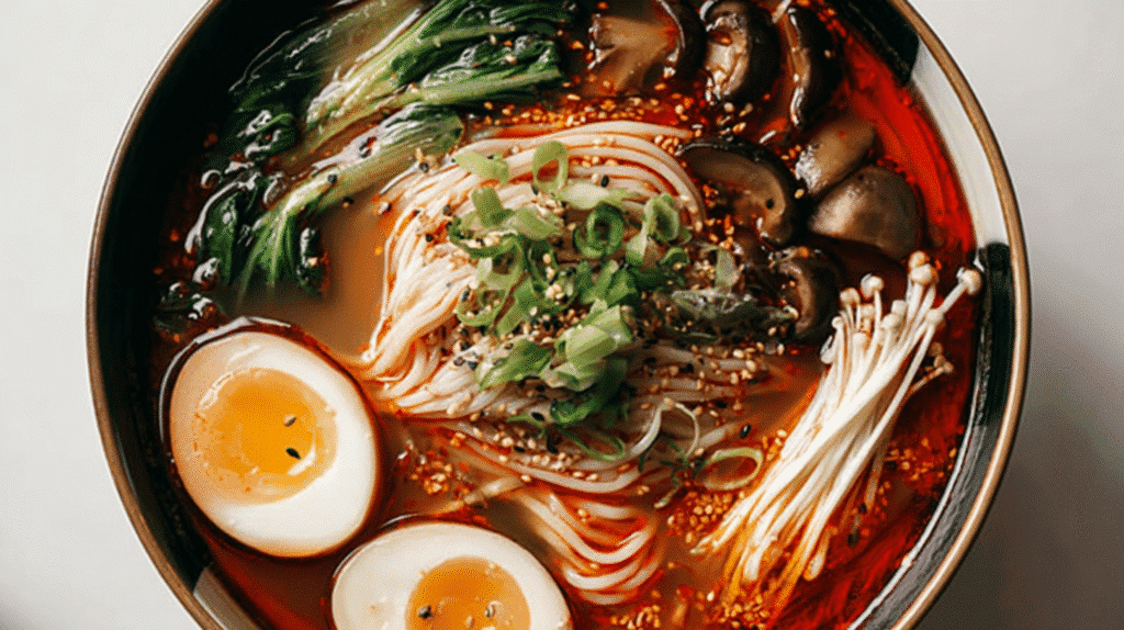 Bowl of spicy noodle soup topped with bok choy, mushrooms, bean sprouts, sliced green onions, sesame seeds, and a soft-boiled egg.