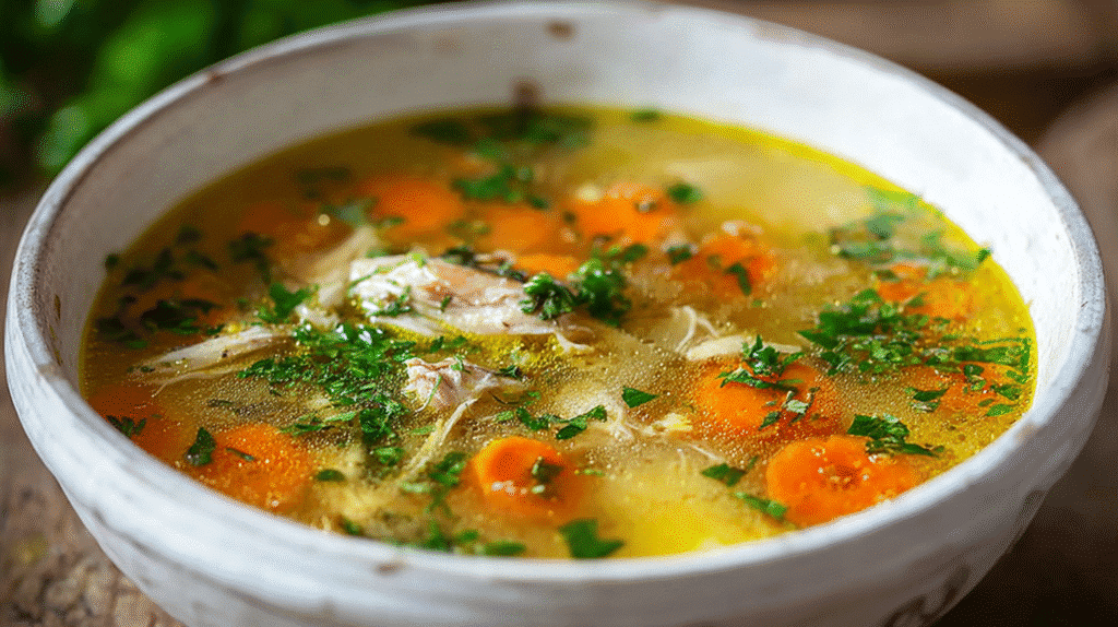 Bowl of homemade chicken and vegetable soup with shredded chicken, carrots, celery, and fresh parsley.