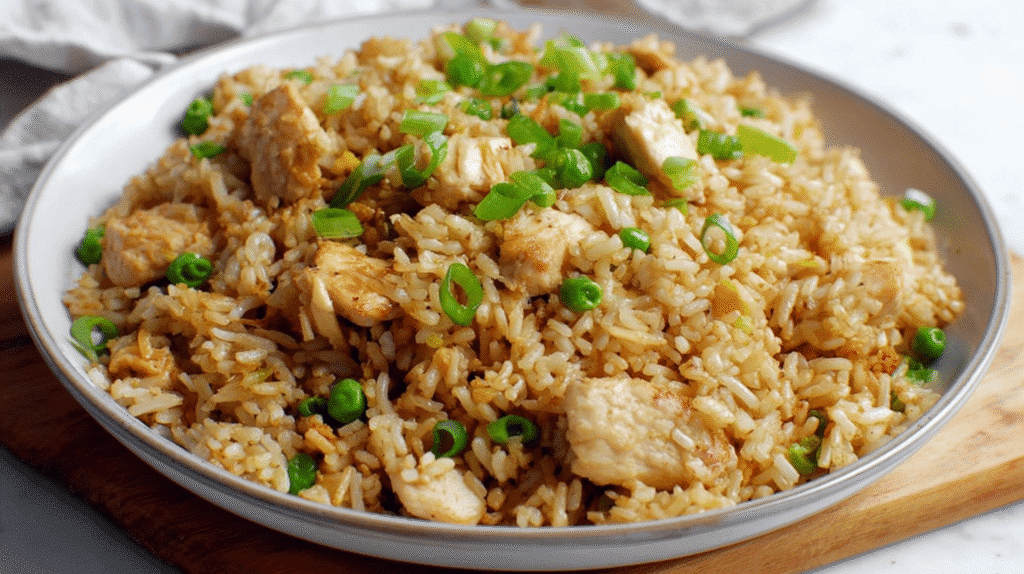 Chicken fried rice served in a shallow bowl, made with fluffy rice, tender chicken pieces, and topped with fresh green onions