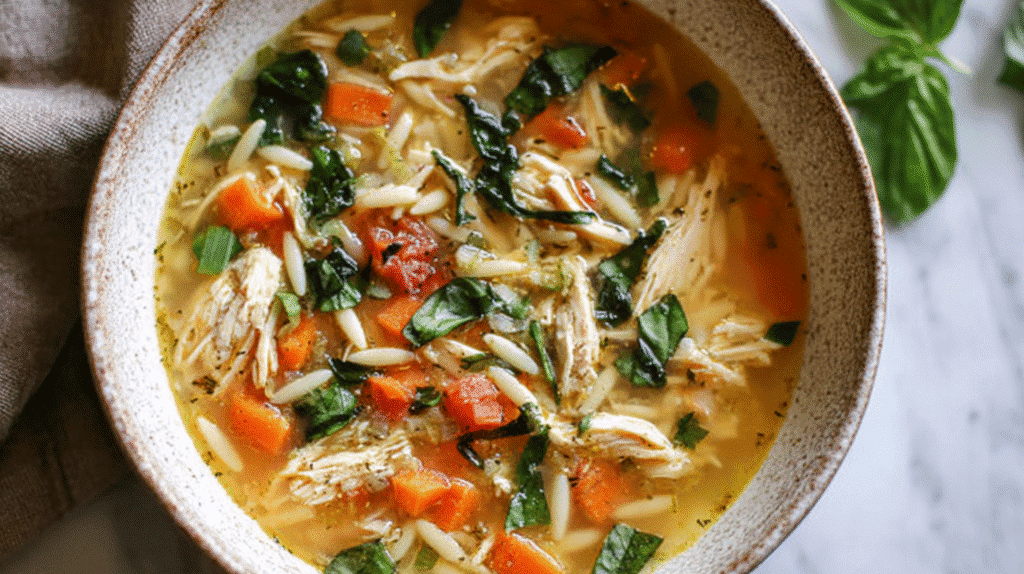 Bowl of chicken orzo soup with shredded chicken, carrots, fresh herbs, and tender orzo pasta.
