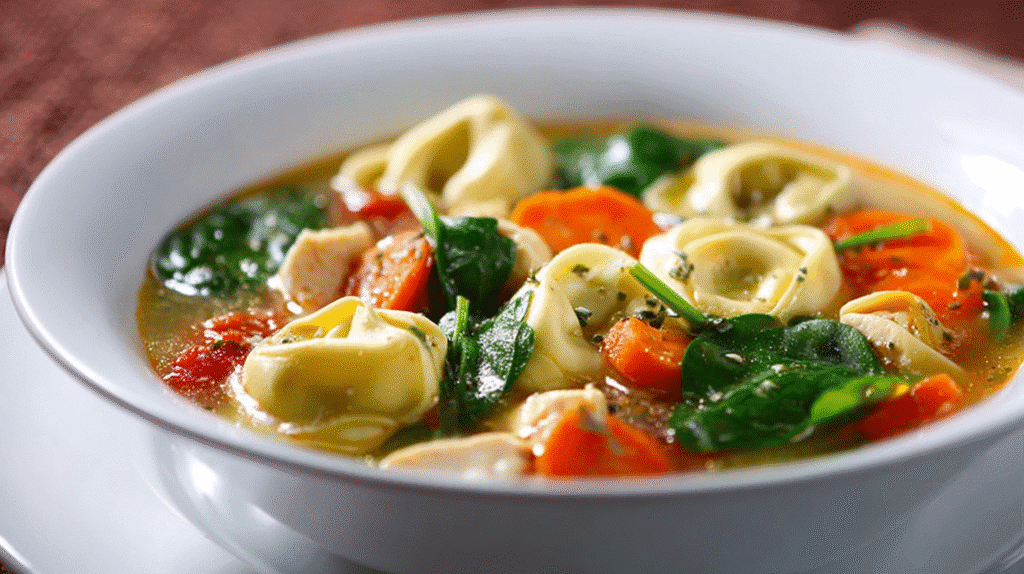 Chicken Tortellini Soup with carrots, spinach, and cheese tortellini in a light clear broth