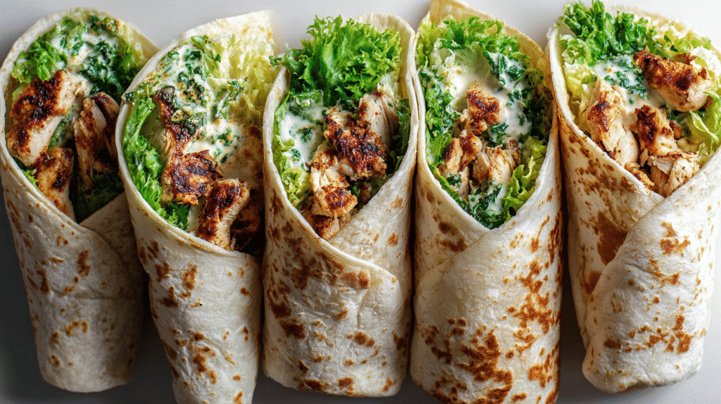 Grilled chicken wraps filled with crisp lettuce, fresh herbs, and creamy dressing, arranged in a row in toasted tortillas.