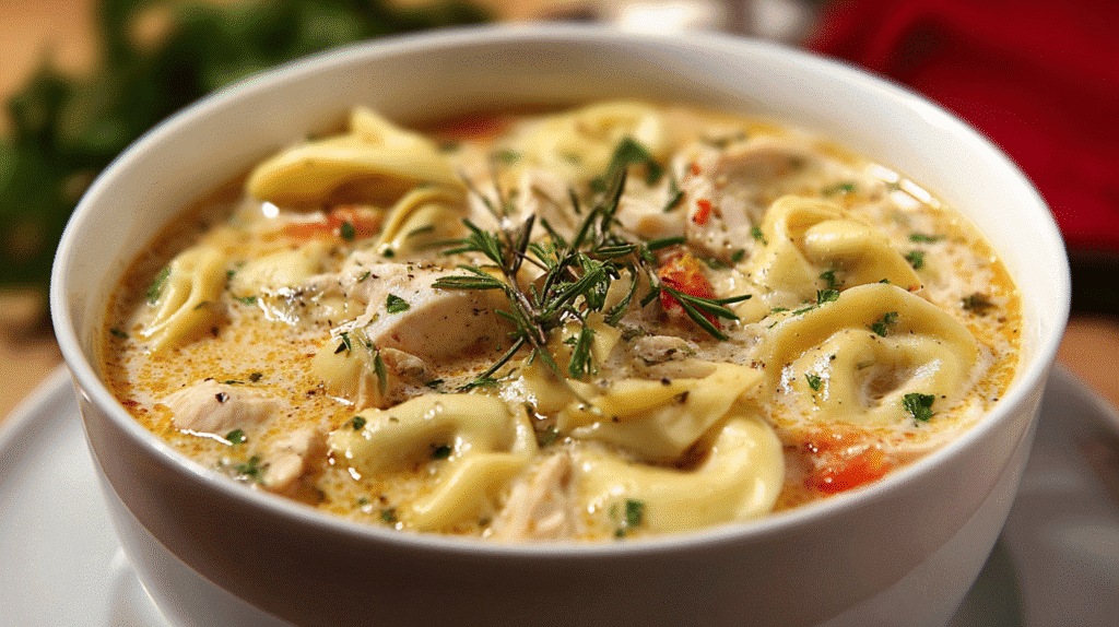 Creamy Chicken Tortellini Soup with vegetables, herbs, and cheese tortellini in a white bowl