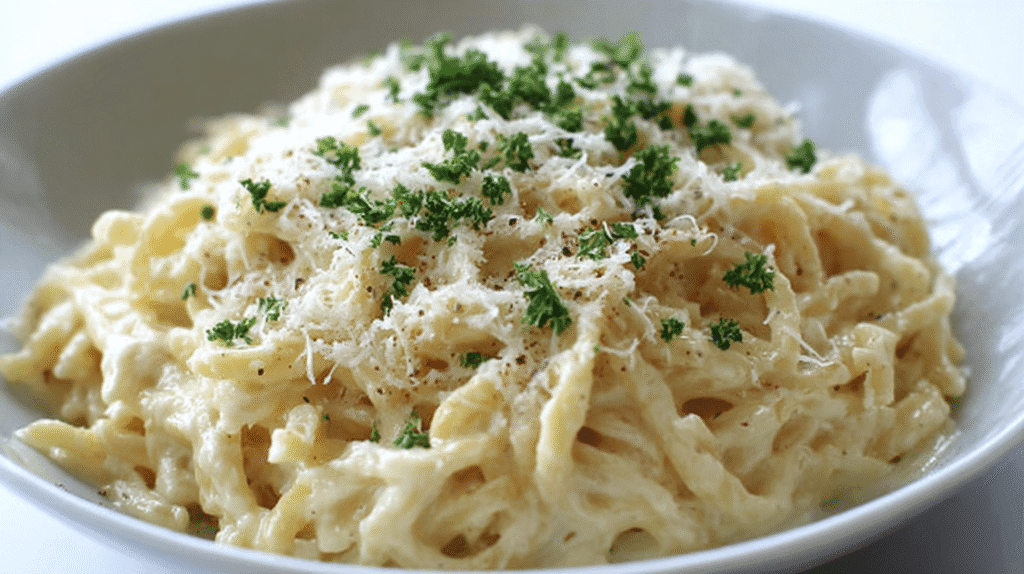 Creamy pasta topped with grated cheese, black pepper, and chopped parsley in a white bowl.
