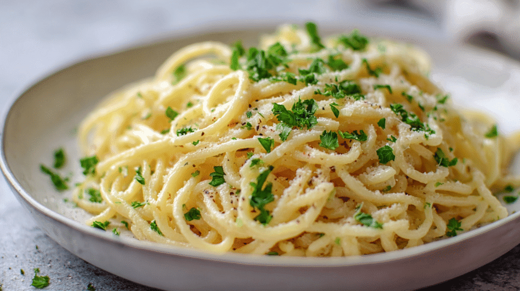 Plate of creamy spaghetti garnished with grated cheese and chopped parsley.