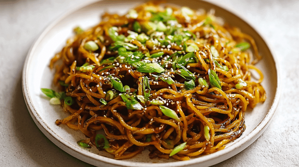 Plate of stir-fried noodles topped with sliced green onions and sprinkled with sesame seeds.