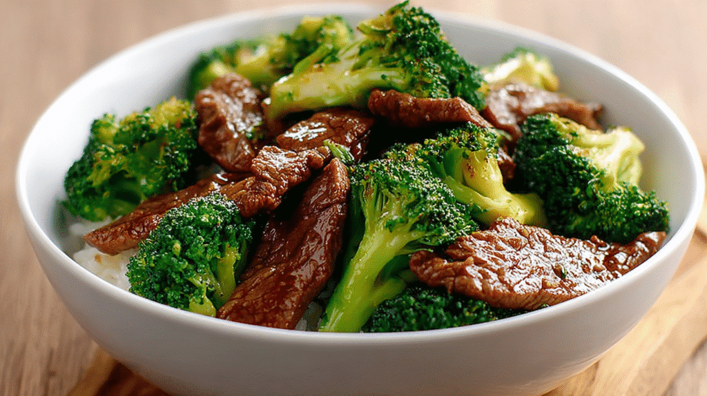 Beef and broccoli stir fry served in a white bowl with tender sliced beef and fresh broccoli coated in a glossy sauce