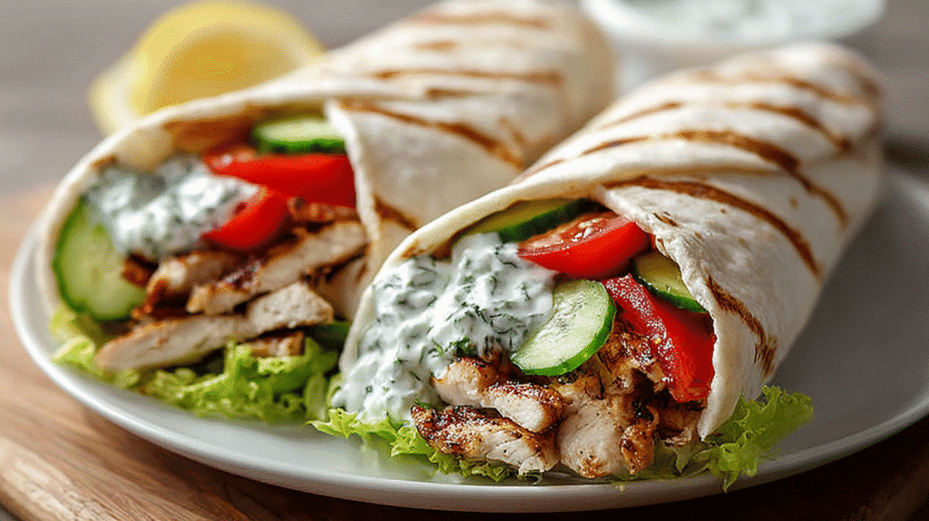 Mediterranean chicken wrap filled with grilled chicken, cucumbers, tomatoes, lettuce, and creamy herb sauce, sliced and served on a plate.