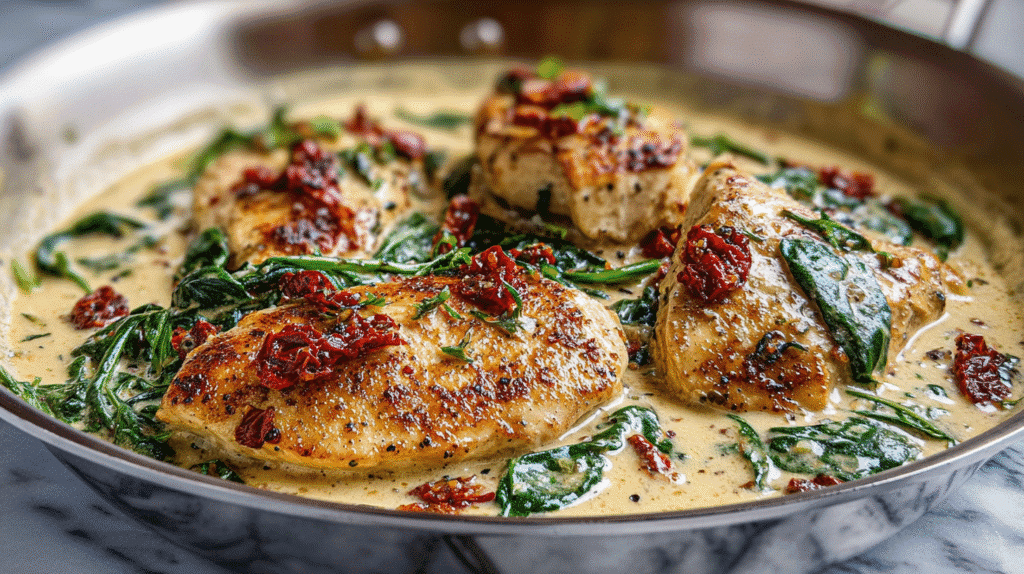 Creamy Tuscan chicken cooked in a skillet with spinach, sun-dried tomatoes, and a rich garlic parmesan sauce
