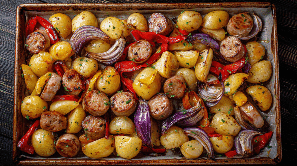 One-pan sausage and potatoes roasted on a sheet pan with bell peppers, red onions, and golden baby potatoes