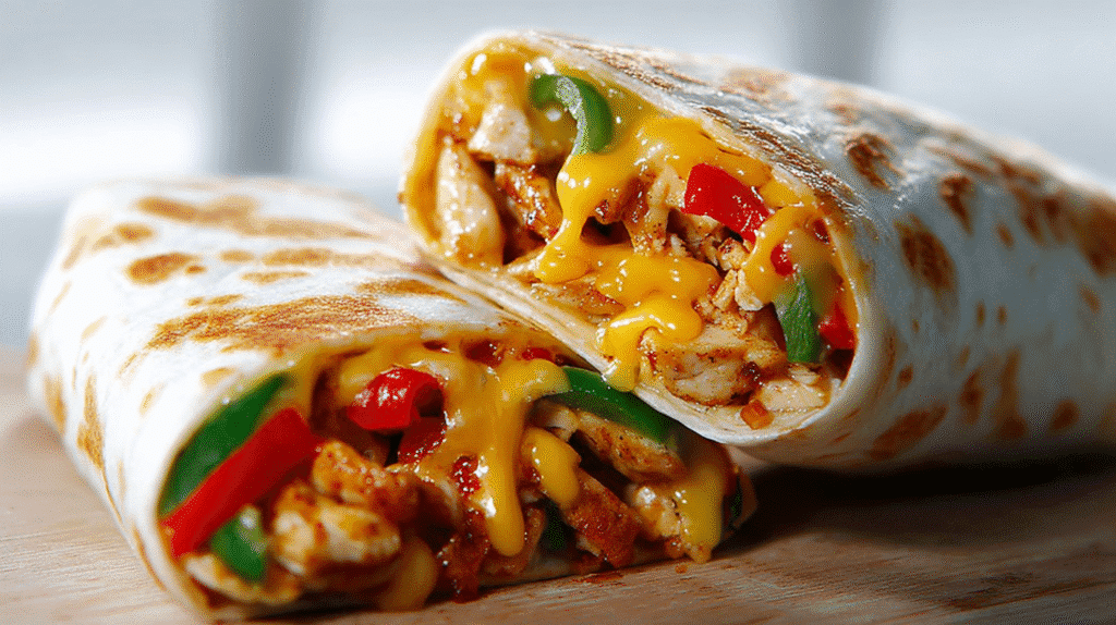 Cheesy chicken fajita wrap filled with grilled chicken, melted cheese, and sautéed bell peppers, sliced to show the colorful filling.
