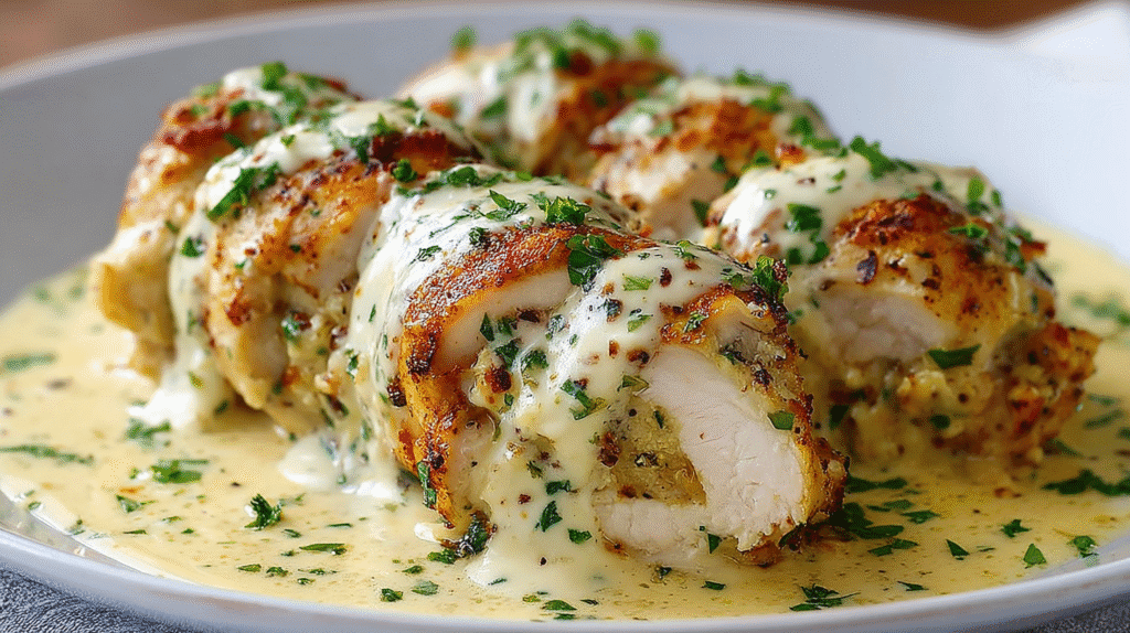 Creamy garlic chicken roll-ups sliced and served in a rich cheese sauce, garnished with fresh parsley on a white plate.