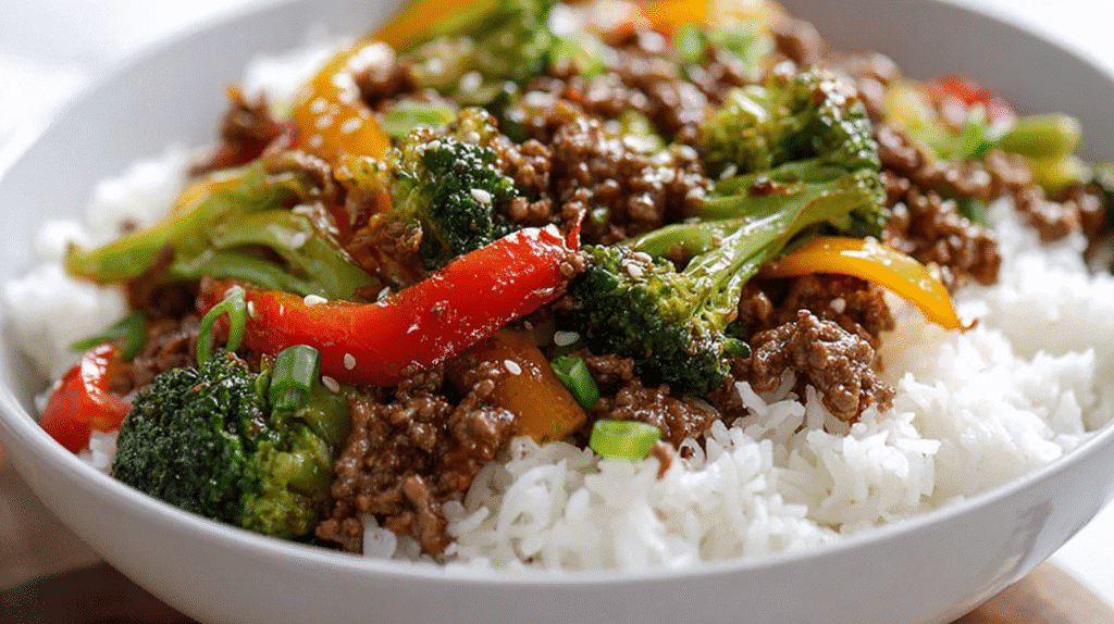 Ground beef stir fry served over white rice with broccoli, bell peppers, sesame seeds, and sliced green onions