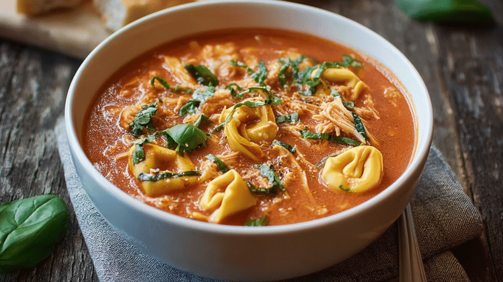 Tomato Chicken Tortellini Soup with shredded chicken, cheese tortellini, and fresh basil in a rich tomato broth
