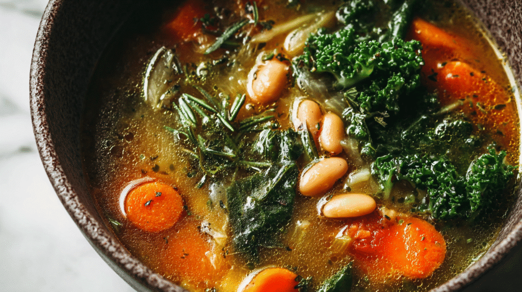 Close-up of a hearty vegetable and white bean soup with kale, carrots, and fresh herbs in a rustic bowl.